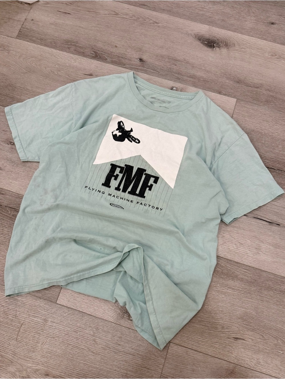 FMF Flying Machine Factory Motocross T-Shirt Sage Green Graphic Motorcycle Y2K